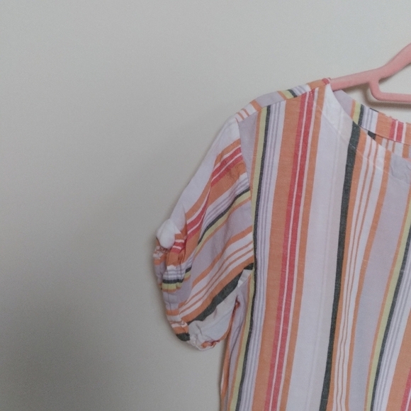 A New Day Orange and Green Striped Short Sleeve Linen Blend Blouse Size XS - Picture 3 of 7